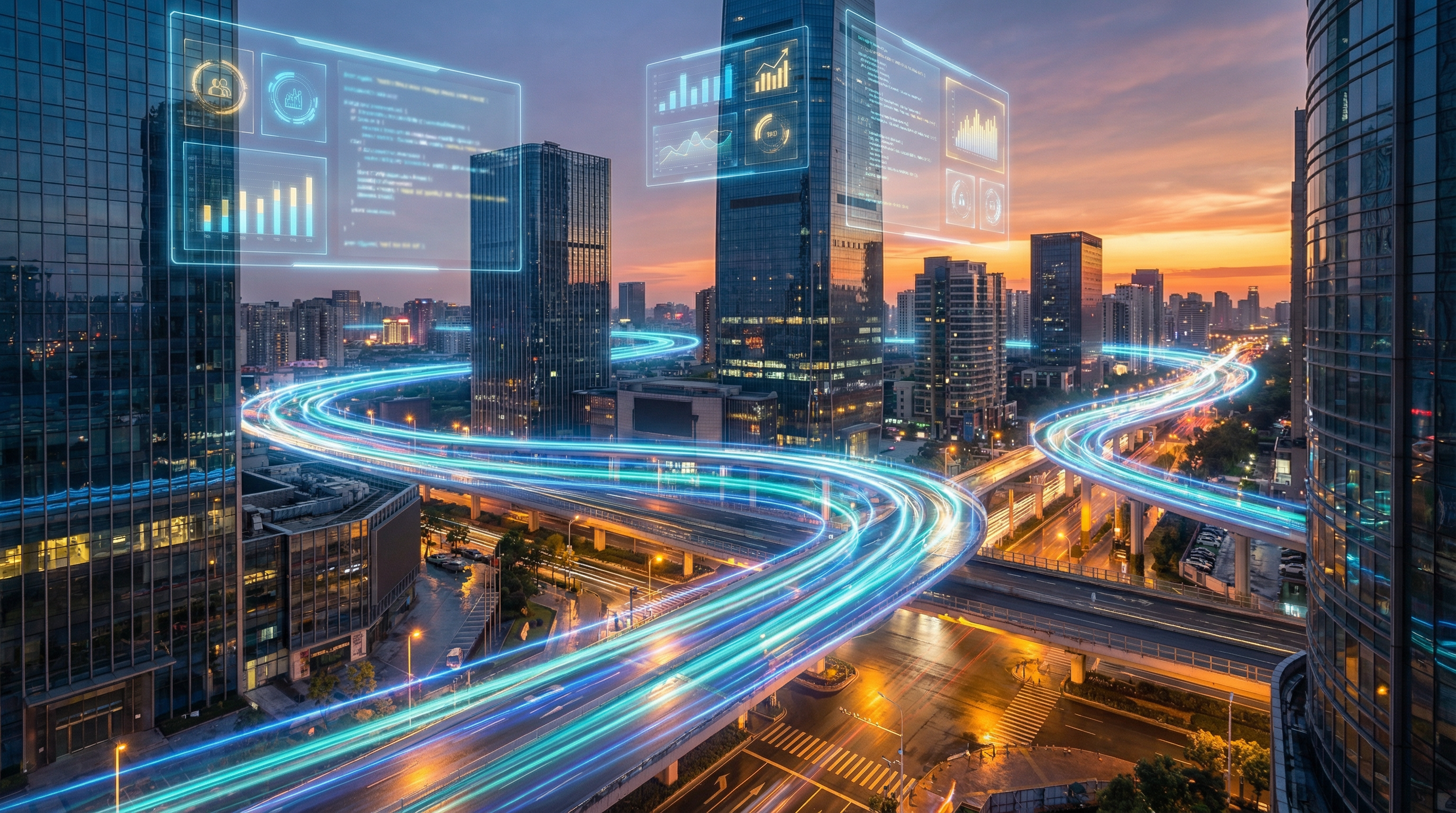 KI News Daily - Futuristische Stadtlandschaft mit Datenströmen